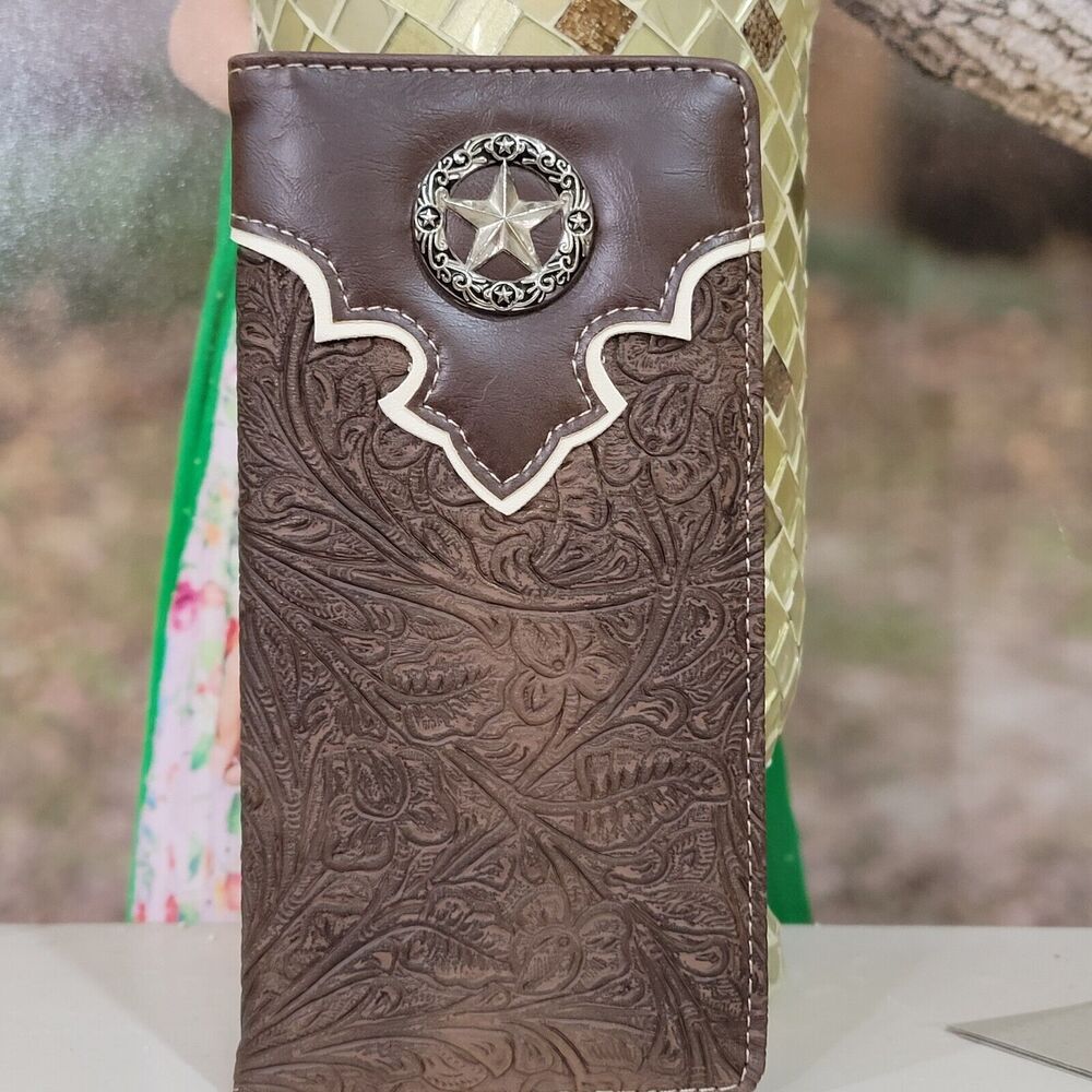 Sheriff Star Mens Wallet Western Check Book Style Embossed Look Faux Leather